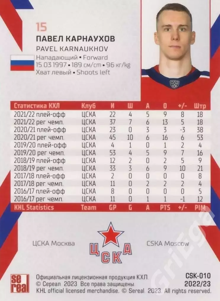 Хоккей. Карточка Павел Карнаухов (ЦСКА Москва) КХЛ сезон 2022/23 1