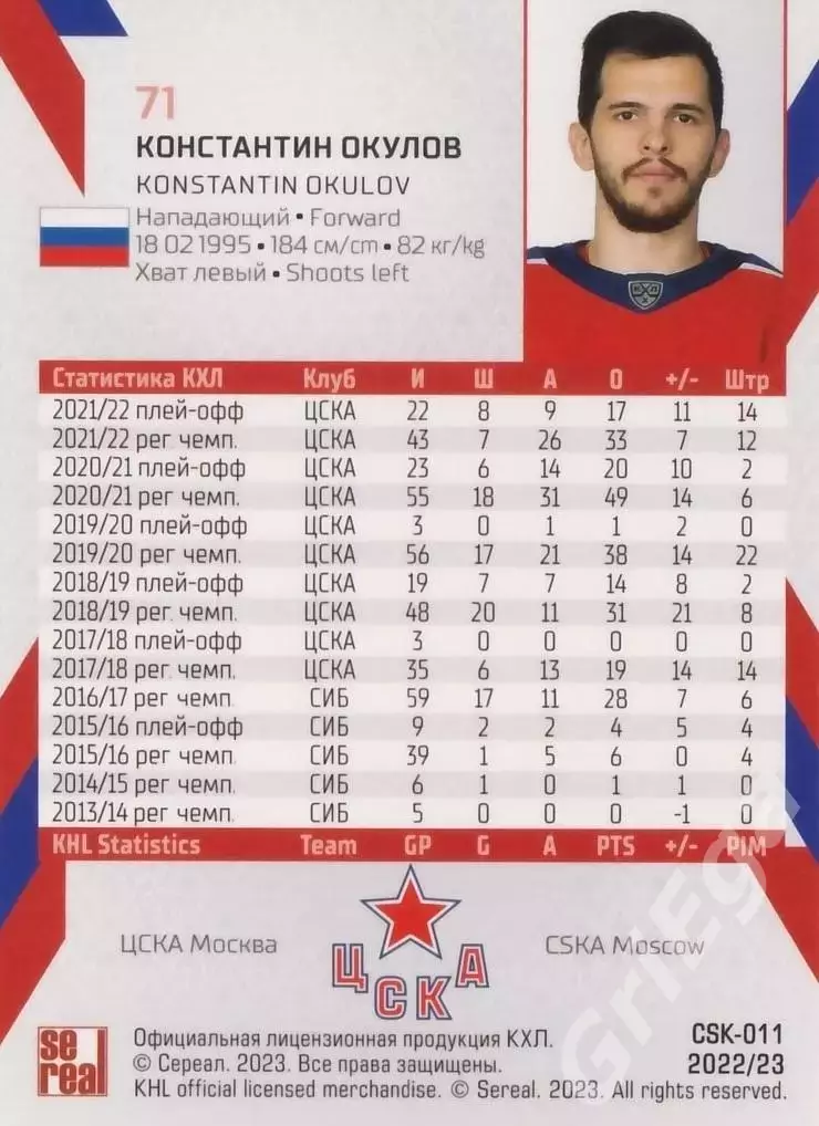Хоккей. Карточка Константин Окулов (ЦСКА Москва) КХЛ сезон 2022/23 1