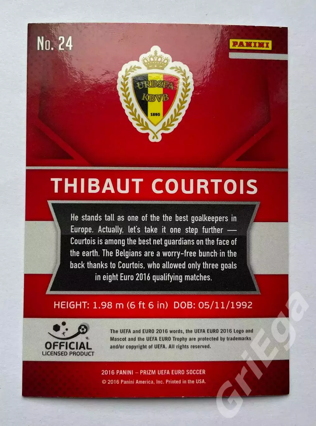 Футбол. Карточка Thibaut Courtois PANINI Чемпионат Европы 2016 Prizm 1