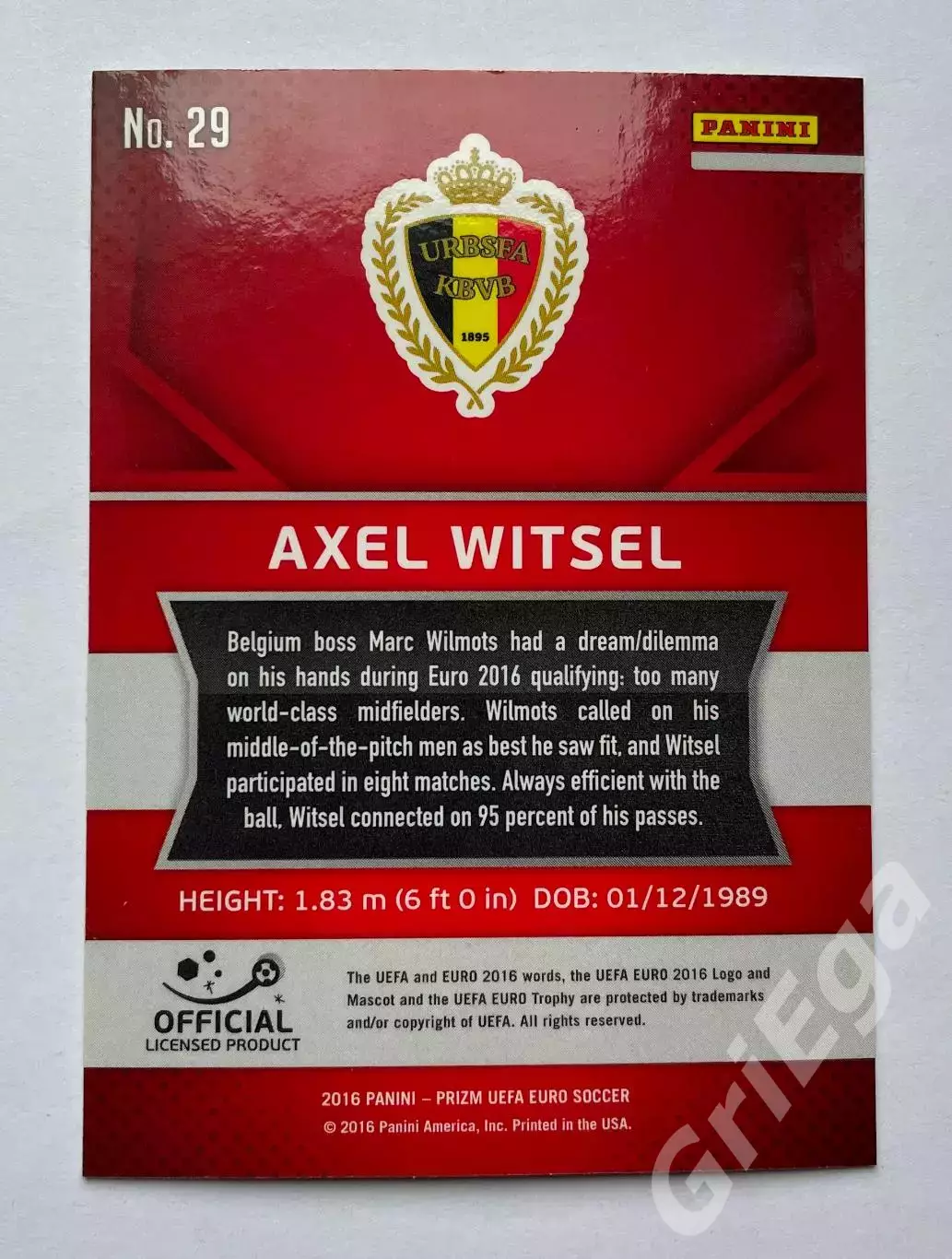 Футбол. Карточка Axel Witsel PANINI Чемпионат Европы 2016 Prizm 1
