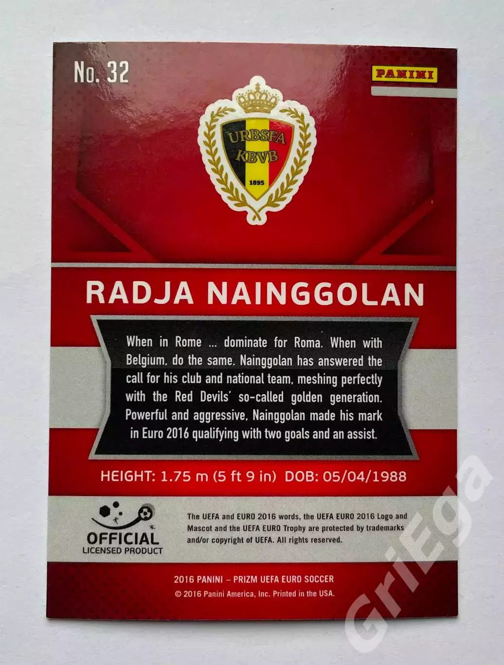 Футбол. Карточка Radja Nainggolan PANINI Чемпионат Европы 2016 Prizm 1