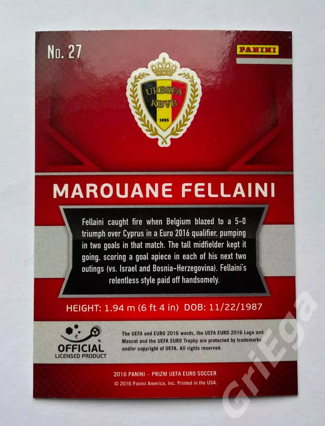 Футбол. Карточка Marouane Fellaini PANINI Чемпионат Европы 2016 Prizm 1