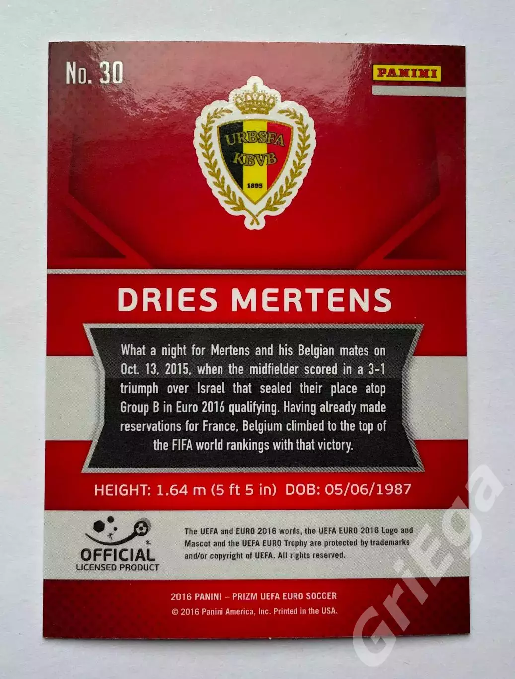 Футбол. Карточка Dries Mertens PANINI Чемпионат Европы 2016 Prizm 1
