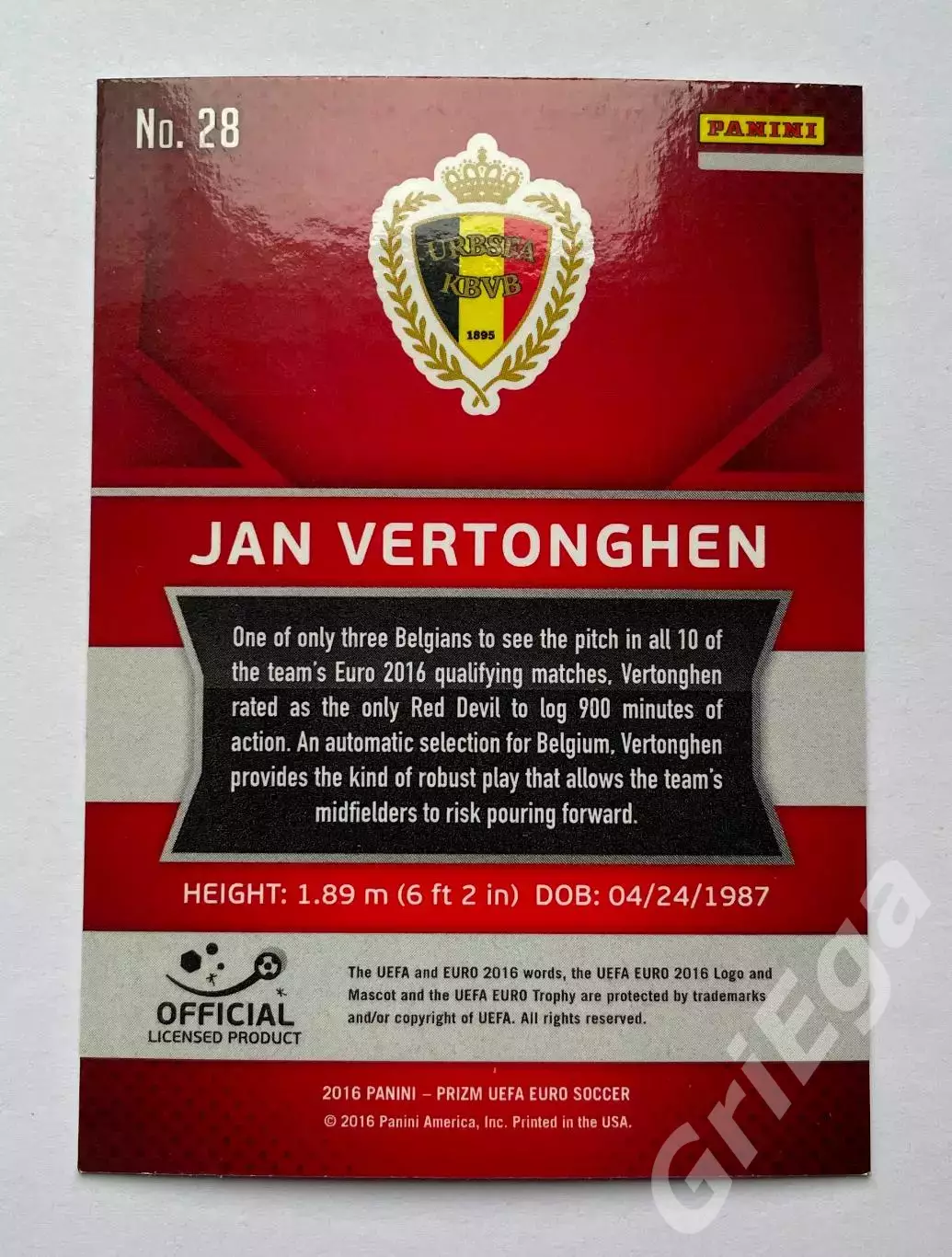 Футбол. Карточка Jan Vertonghen PANINI Чемпионат Европы 2016 Prizm 1