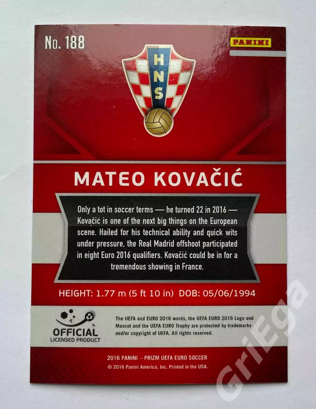 Футбол. Карточка Mateo Kovacic PANINI Чемпионат Европы 2016 Prizm 1