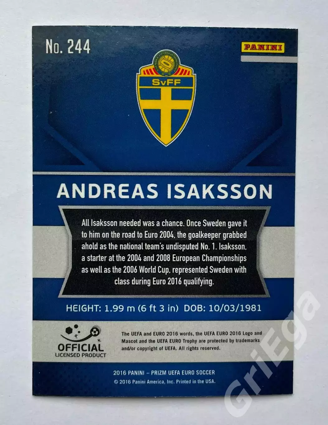 Футбол. Карточка Andreas Isaksson PANINI Чемпионат Европы 2016 Prizm 1