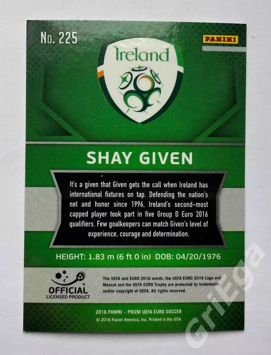 Футбол. Карточка Shay Given PANINI Чемпионат Европы 2016 Prizm 1