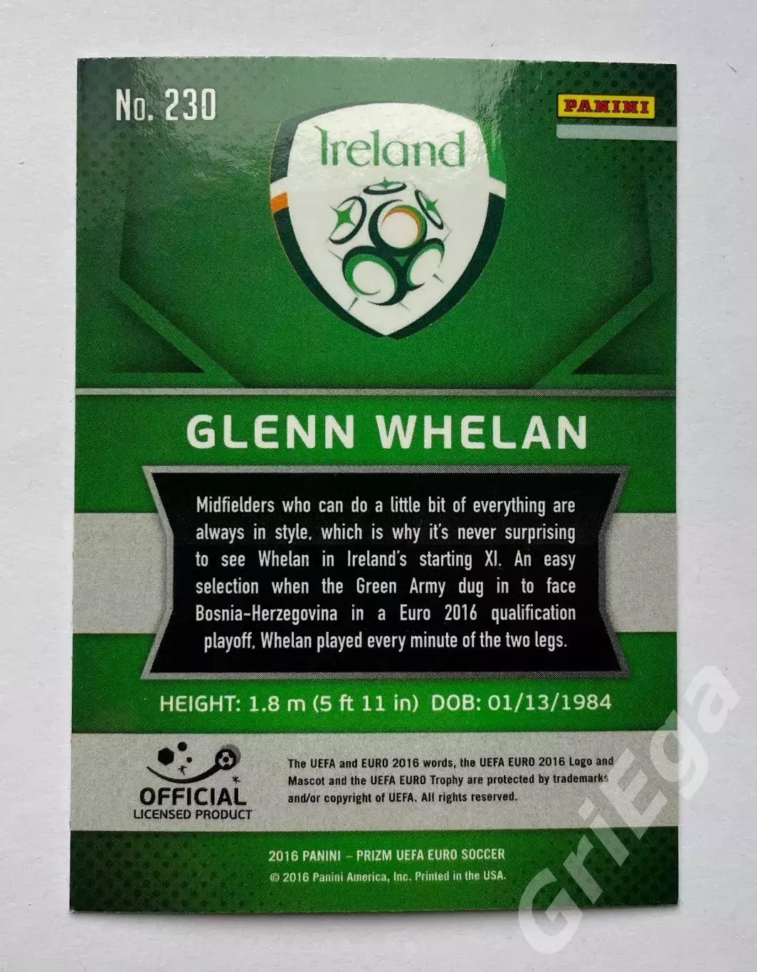 Футбол. Карточка Glenn Whelan PANINI Чемпионат Европы 2016 Prizm 1
