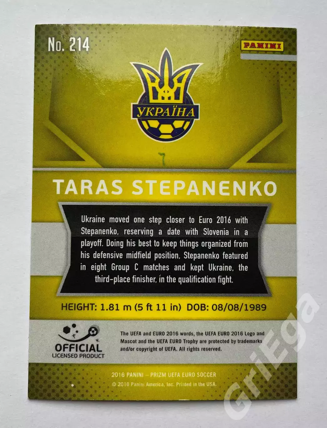 Футбол. Карточка Taras Stepanenko PANINI Чемпионат Европы 2016 Prizm 1