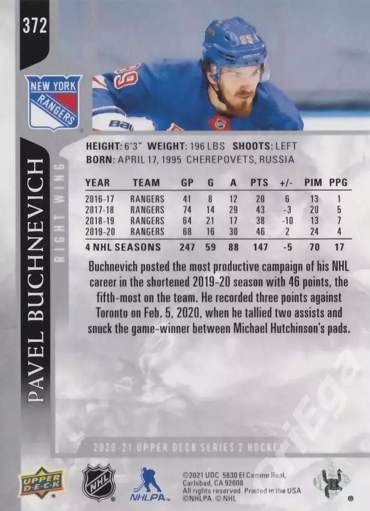 Хоккей. Карточка NHL Pavel Buchnevich/Павел Бучневич (New York Rangers) 1