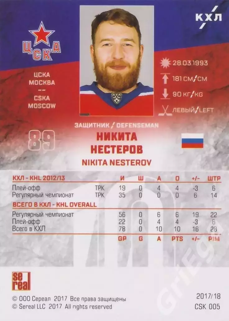 Хоккей. Карточка Никита Нестеров (ЦСКА Москва) SeReal КХЛ 2017/18 1