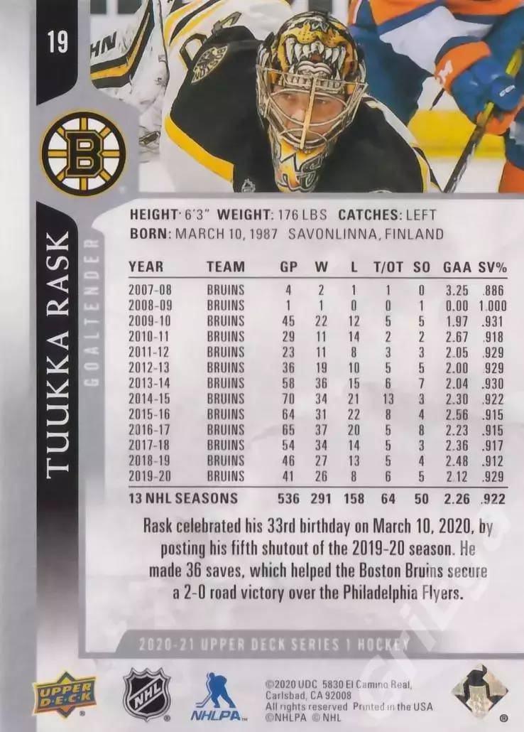 2020-21 Upper Deck Hockey #19 Tuukka Rask/Туукка Раск (Boston Bruins) 1