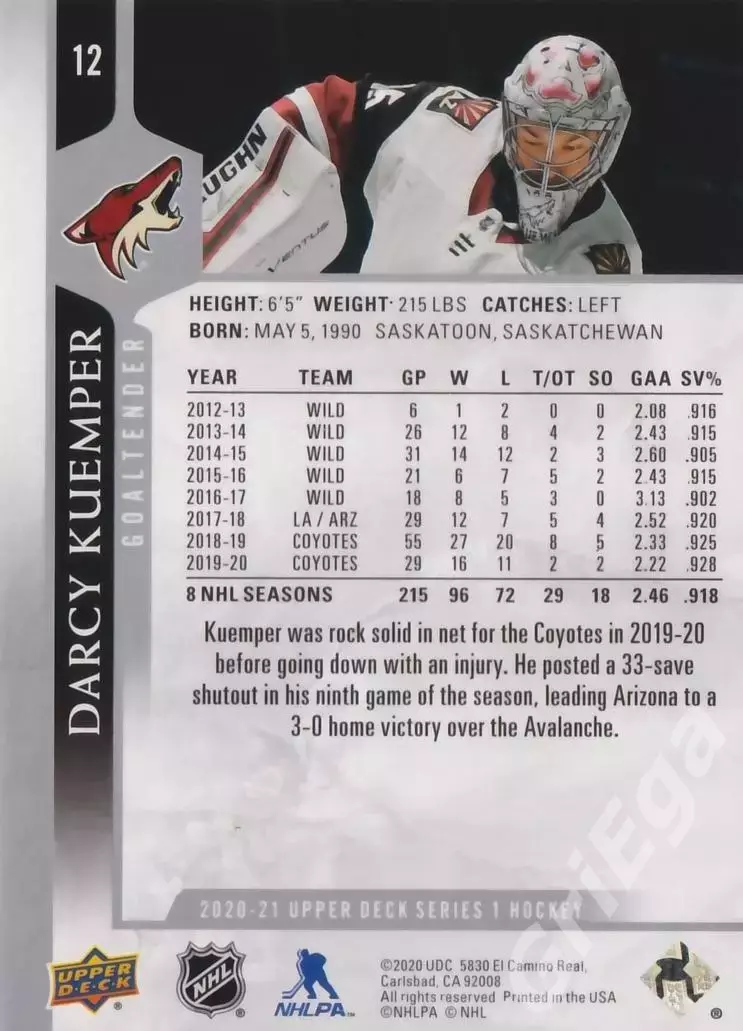 2020-21 Upper Deck #12 Darcy Kuemper/Дарси Кемпер (Arizona Coyotes) 1