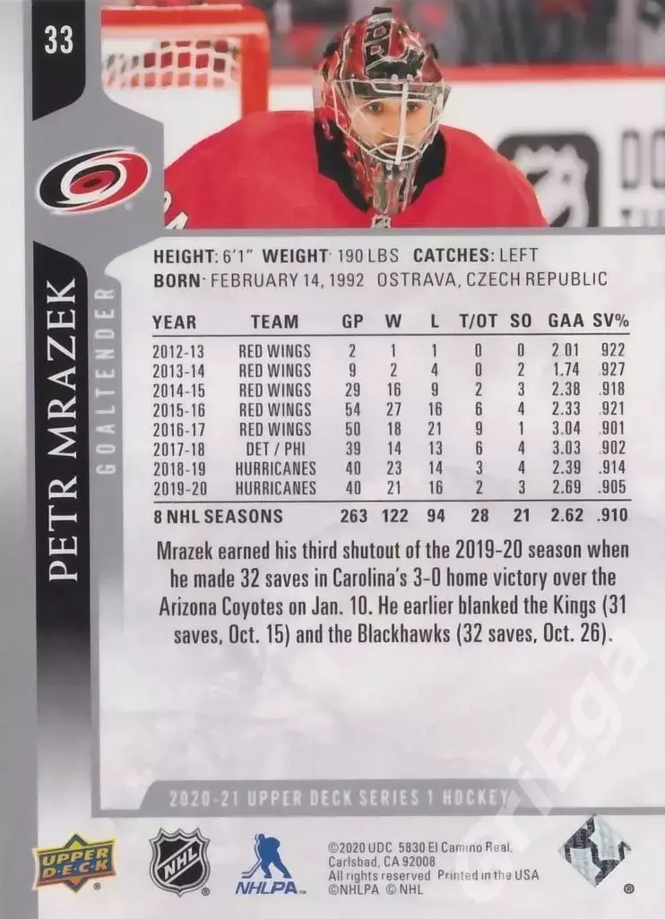 2020-21 Upper Deck Hockey #33 Petr Mrazek/Петр Мразек (Carolina Hurricanes) 1