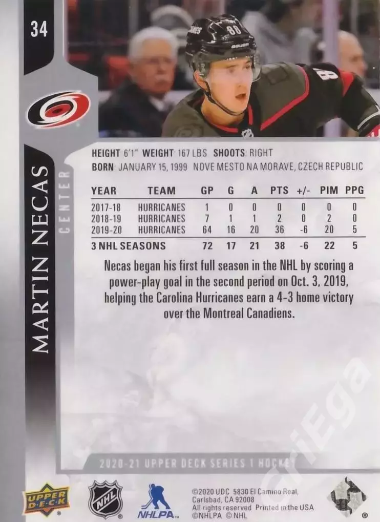 2020-21 Upper Deck Hockey #34 Martin Necas/Мартин Нечас (Carolina Hurricanes) 1
