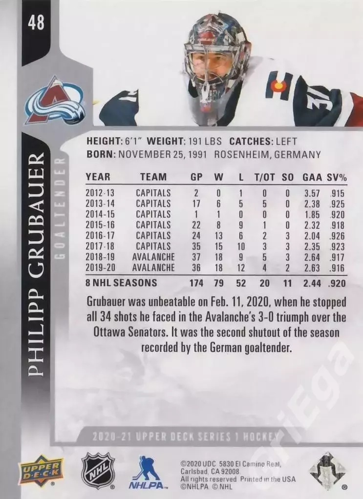 2020-21 Upper Deck #48 Philipp Grubauer/Филипп Грубауэр (Colorado Avalanche) 1
