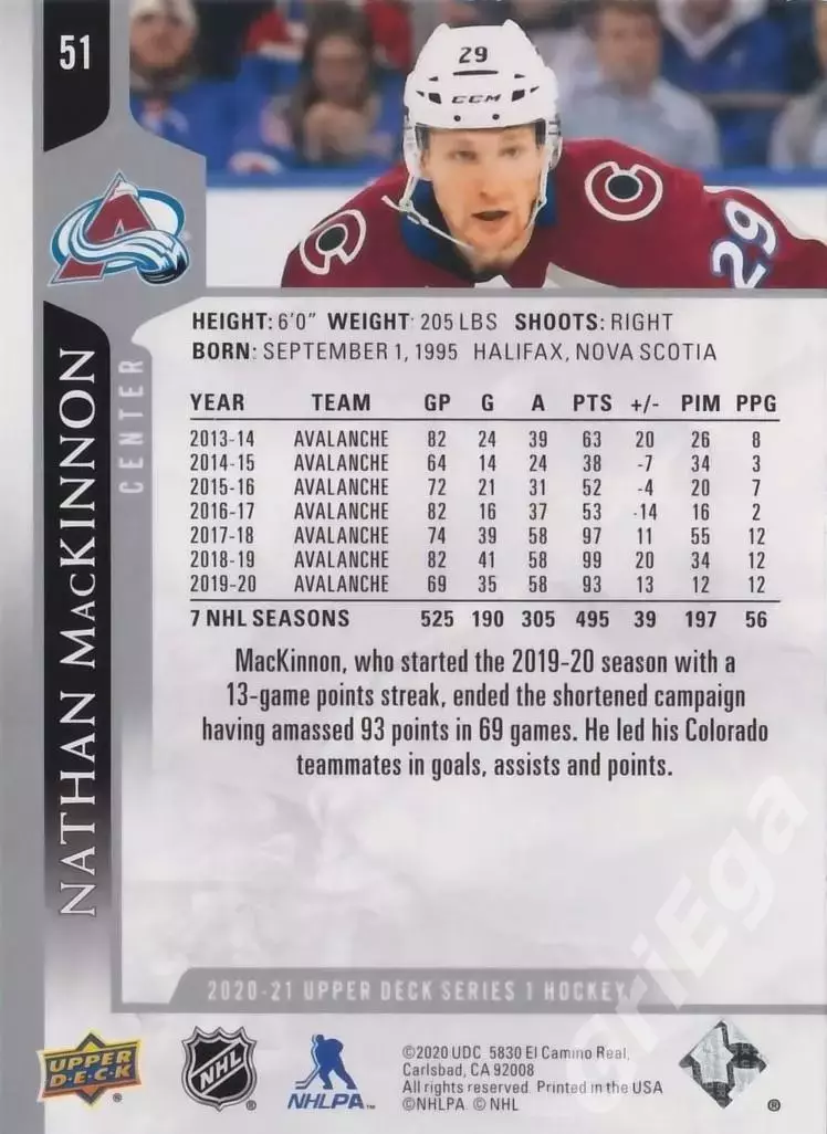 2020-21 Upper Deck #51 Nathan MacKinnon/Натан Маккиннон (Colorado Avalanche) 1
