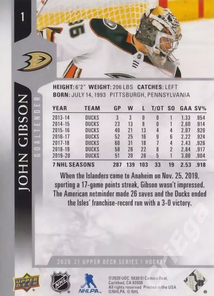 2020-21 Upper Deck #1 John Gibson/Джон Гибсон (Anaheim Ducks) 1