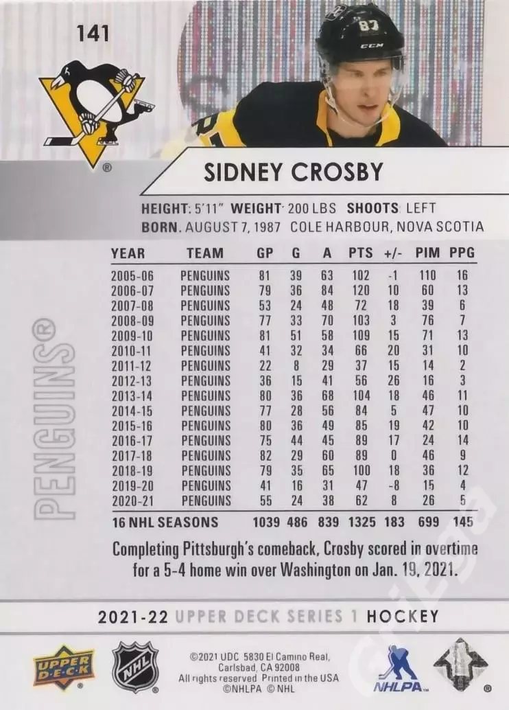 2021-22 Upper Deck #141 Sidney Crosby/Сидни Кросби (Pittsburgh Penguins) 1