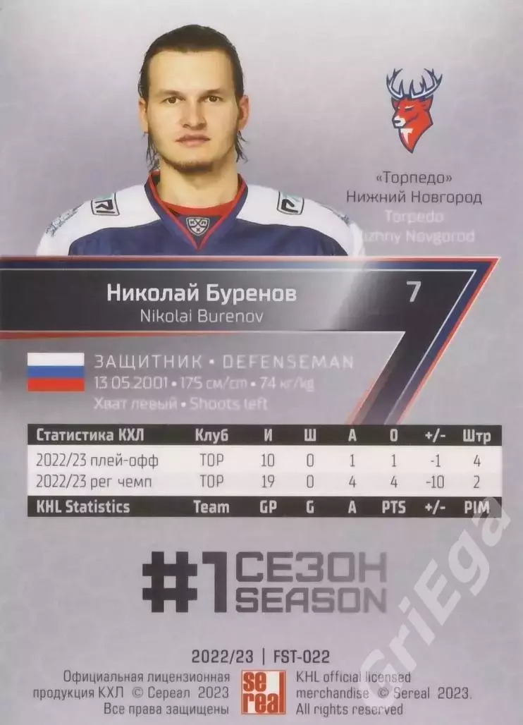Хоккей Карточка Николай Буренов (Торпедо Нижний Новгород) КХЛ 2022-23 SeReal 1