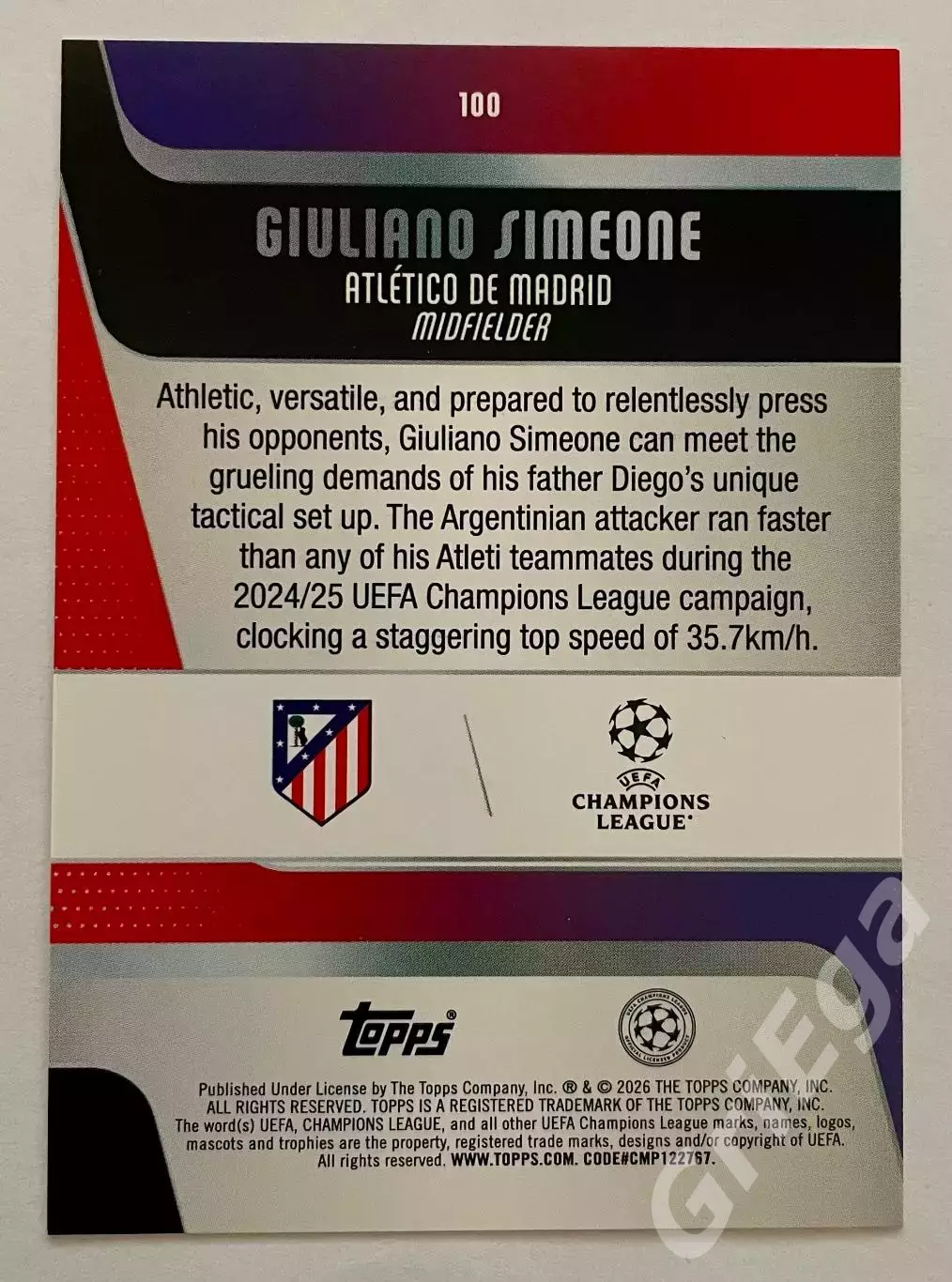 Футбол Карточка Giuliano Simeone/Джулиано Симеоне (Атлетико Мадрид) TOPPS 1