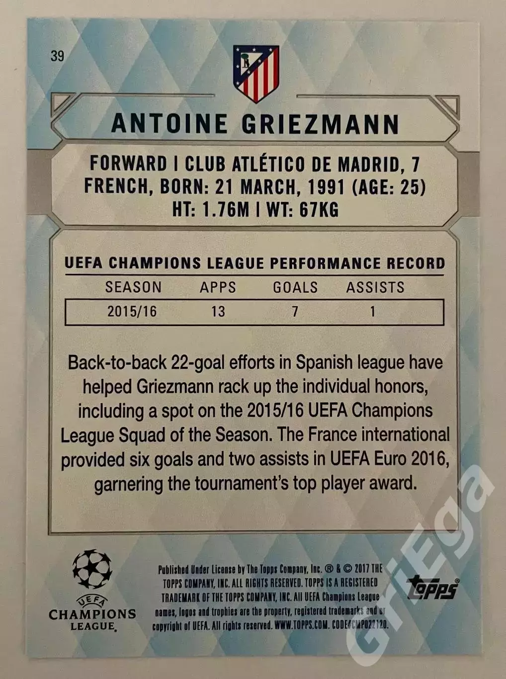 Футбол. Карточка Antoine Griezmann/Антуан Гризманн (Атлетико Мадрид) TOPPS 2017 1