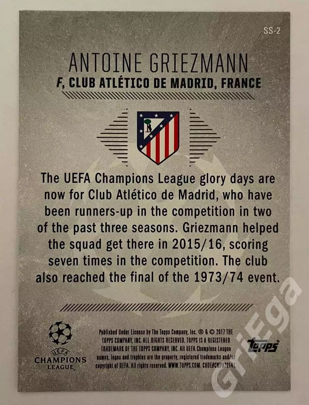 Футбол Карточка Antoine Griezmann/Антуан Гризманн (Атлетико Мадрид) TOPPS 2017 1