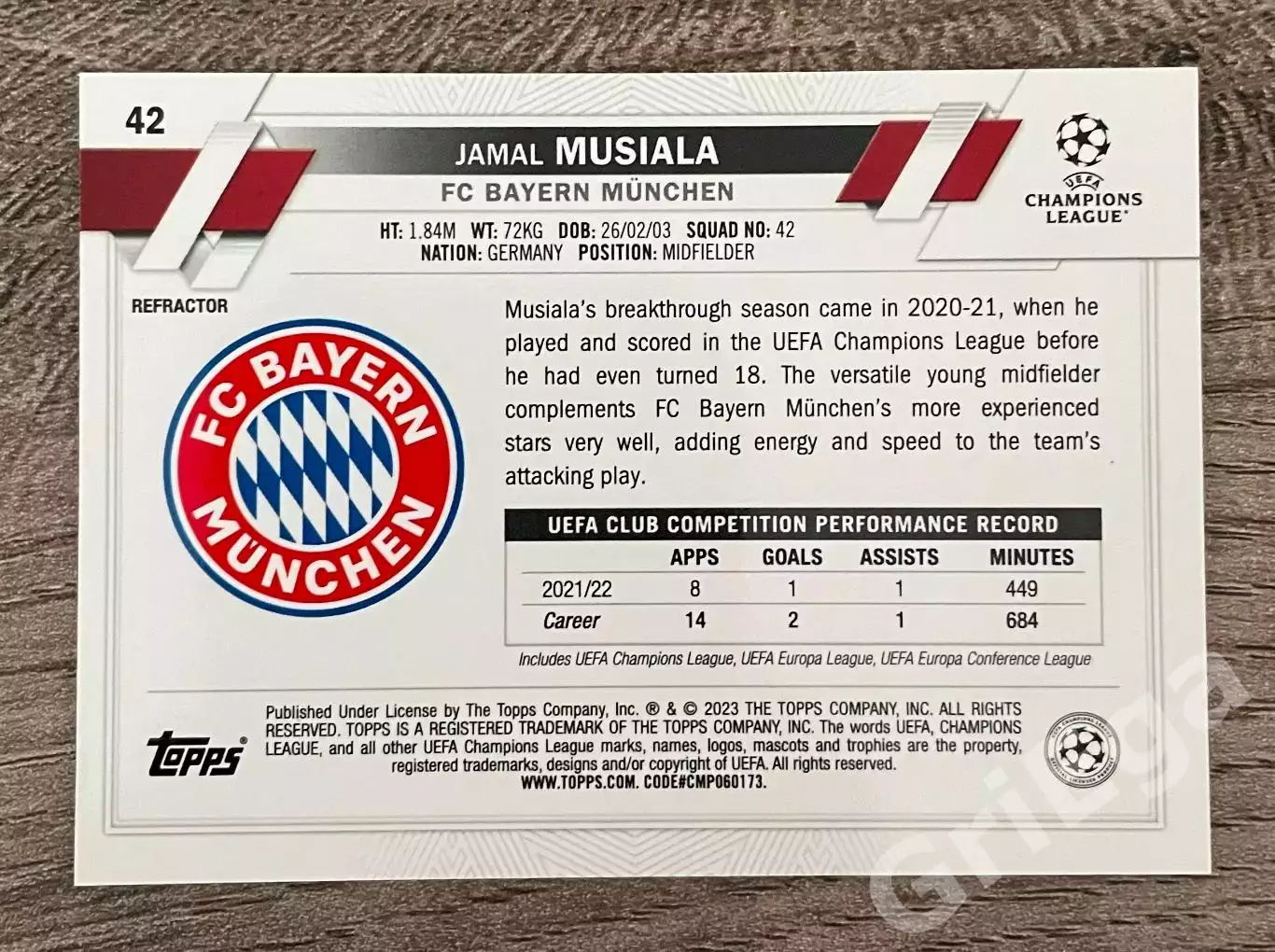 Футбол. Карточка Jamal Musiala/Джамал Мусиала (Bayern Munchen) TOPPS 2022-23 1