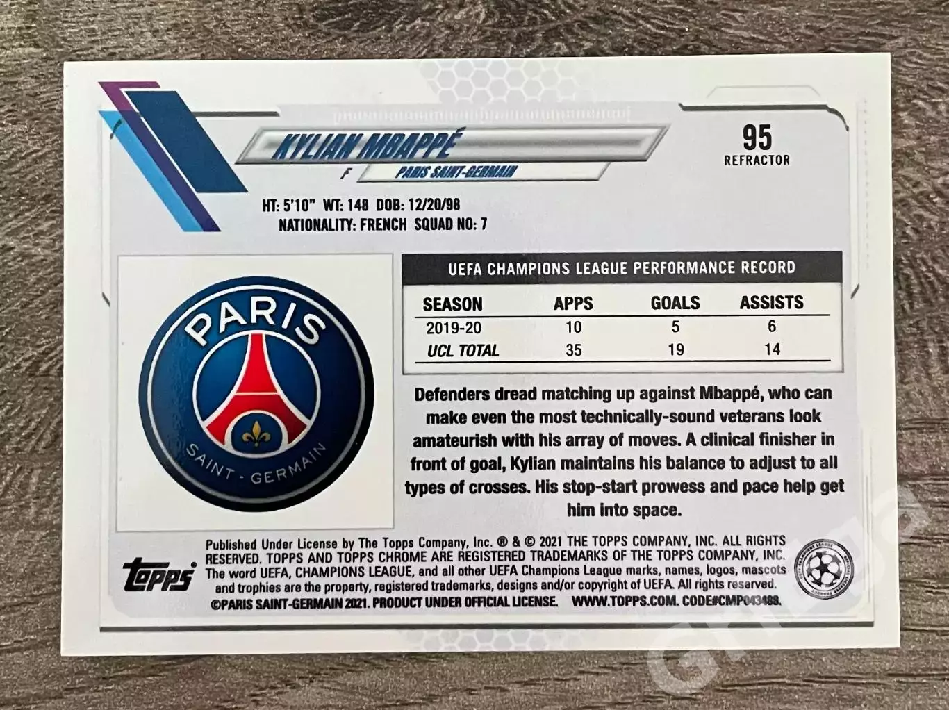 Футбол Карточка Kylian Mbappe/Килиан Мбаппе (Paris Saint-Germain) 1