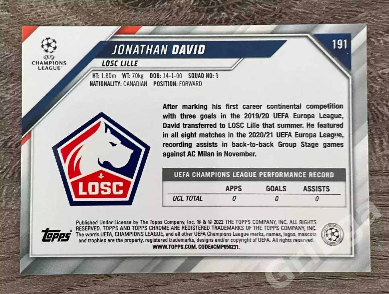 Футбол Карточка Jonathan David/Джонатан Дэвид (LOSC Lille) TOPPS Chrome 2021-22 1