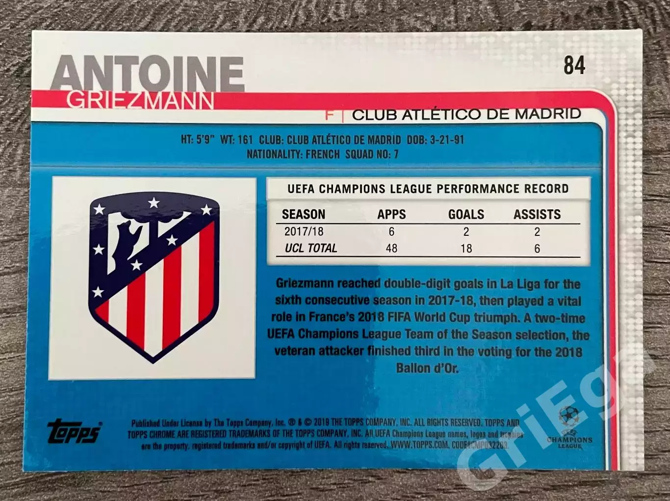 Футбол Карточка Antoine Griezmann/Антуан Гризманн (Атлетико Мадрид) 2018-2019 1