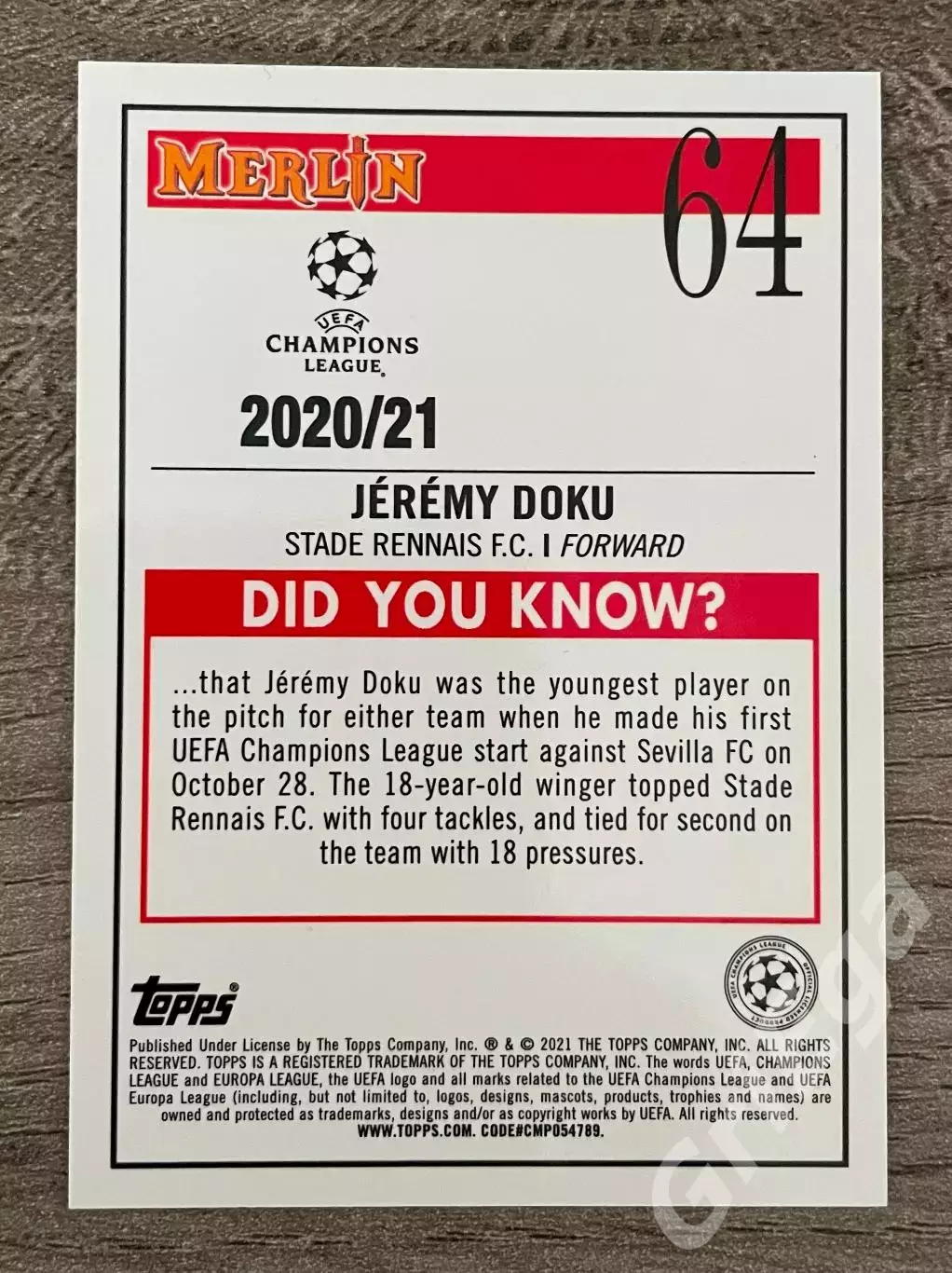 Футбол Карточка Jeremy Doku/Жереми Доку (Stade Rennais) Merlin Chrome 2020-21 1