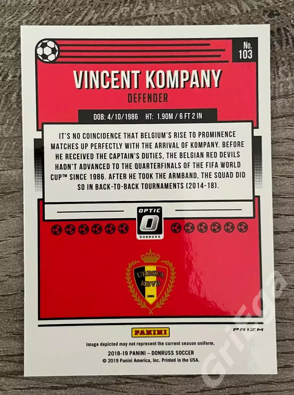 Футбол карточка Vincent Kompany/Венсан Компани (Belgium/Бельгия) PANINI 2018-19 1