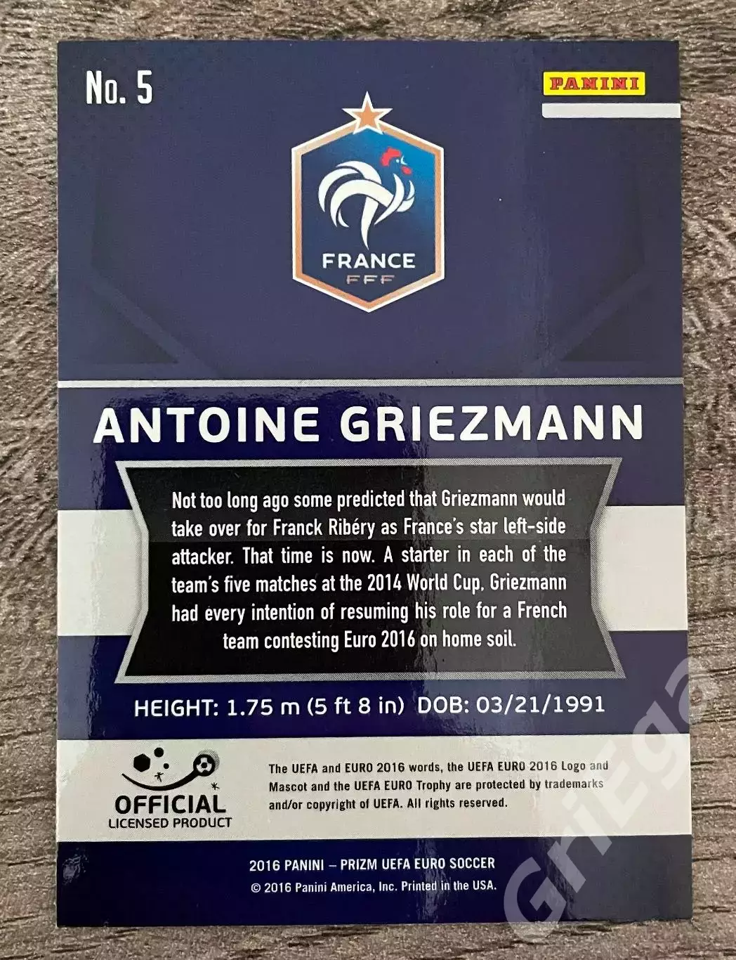 Футбол карточка #5 Antoine Griezmann/Антуан Гризманн (Франция) ЕВРО 2016 Prizm 1