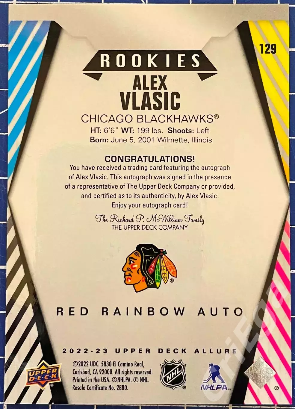 Хоккей карточка-автограф Alex Vlasic/Алекс Власич (Chicago Blackhawks/Чикаго) 1