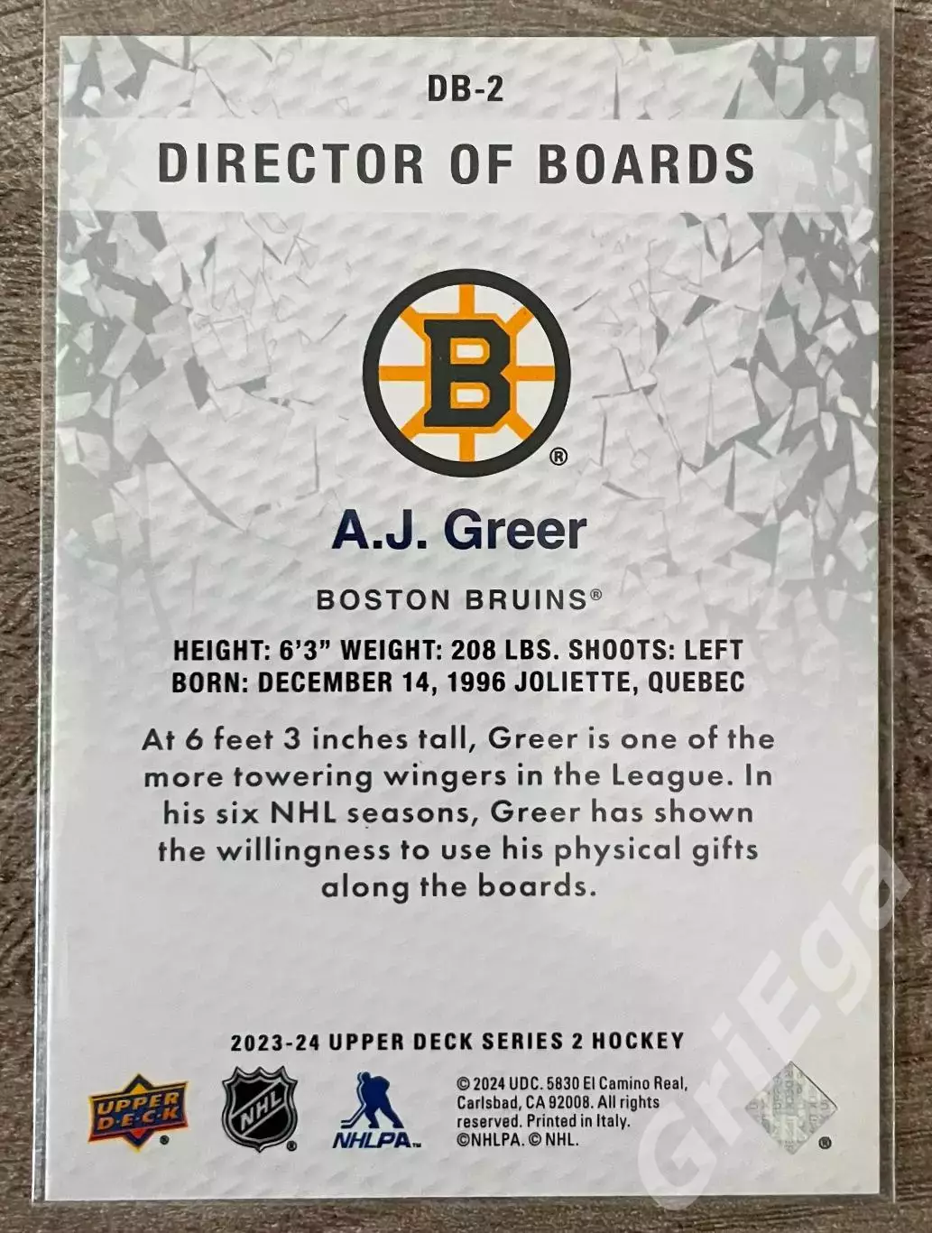Хоккей карточка A.J. Greer/Энтони Джон Грир (Boston Bruins/Бостон Брюинз) 1
