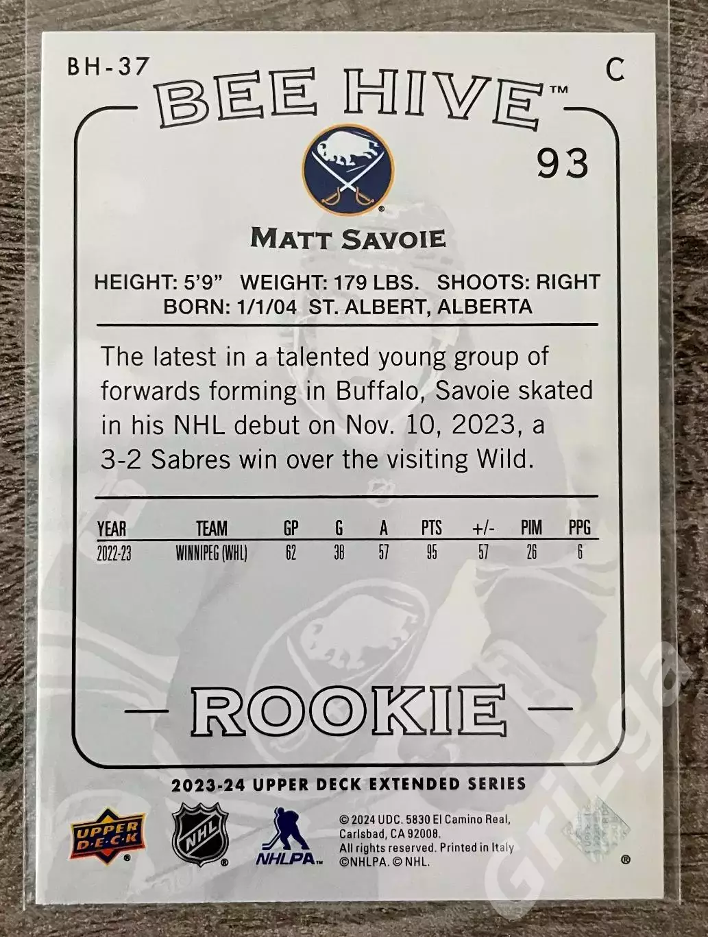 Хоккей карточка Matt Savoie/Мэттью Савой (Buffalo Sabres/Баффало Сейбрз) 1