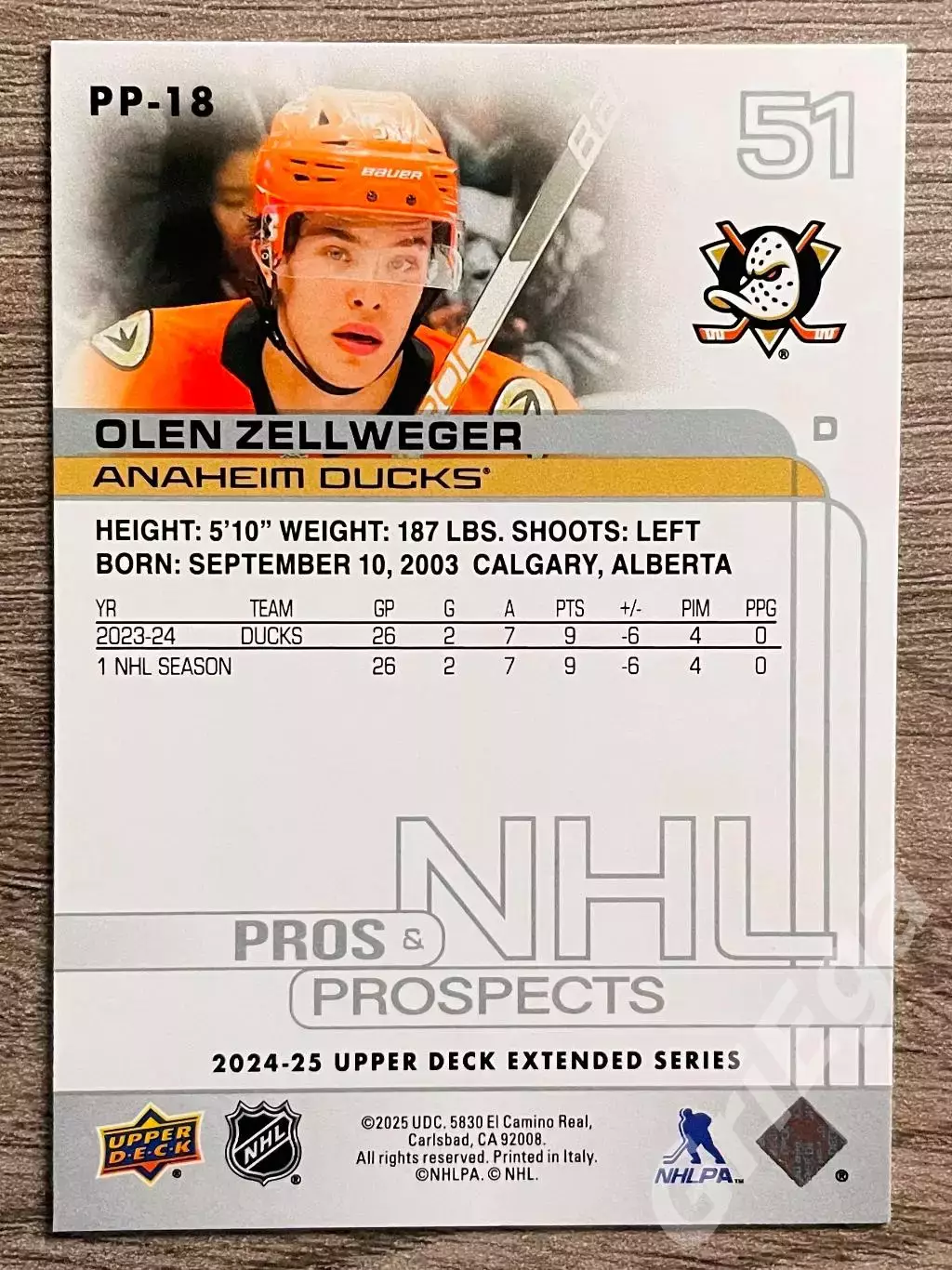 Хоккей карточка Olen Zellweger/Олен Зеллвегер (Anaheim Ducks/Анахайм Дакс) 1