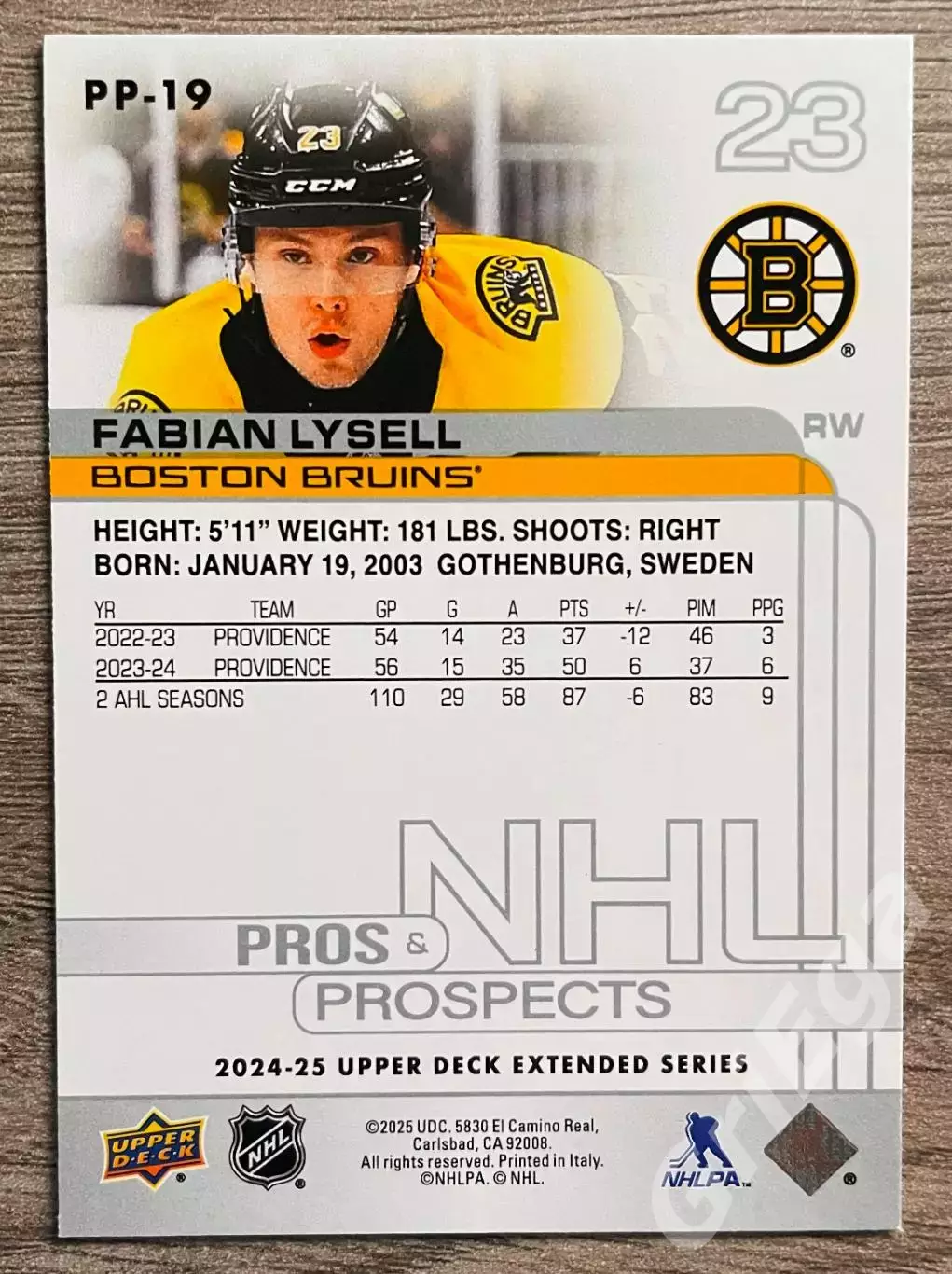 Хоккей карточка Fabian Lysell/Фабиан Лиселль (Boston Bruins/Бостон Брюинз) 1