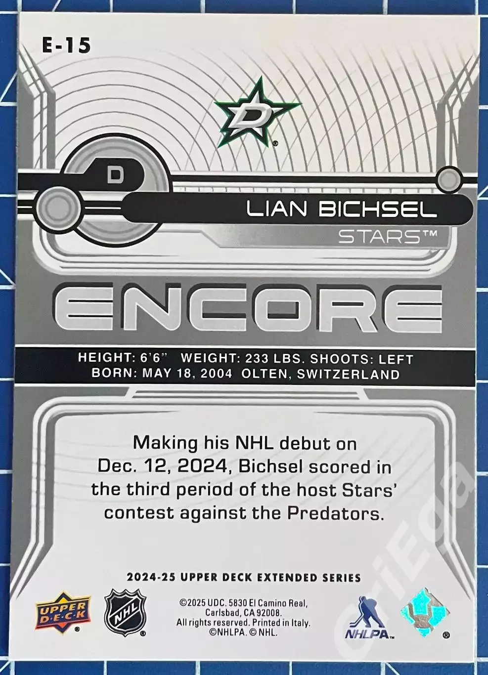 Хоккей карточка Lian Bichsel/Лиан Биксель (Dallas Stars/Даллас Старз) 1