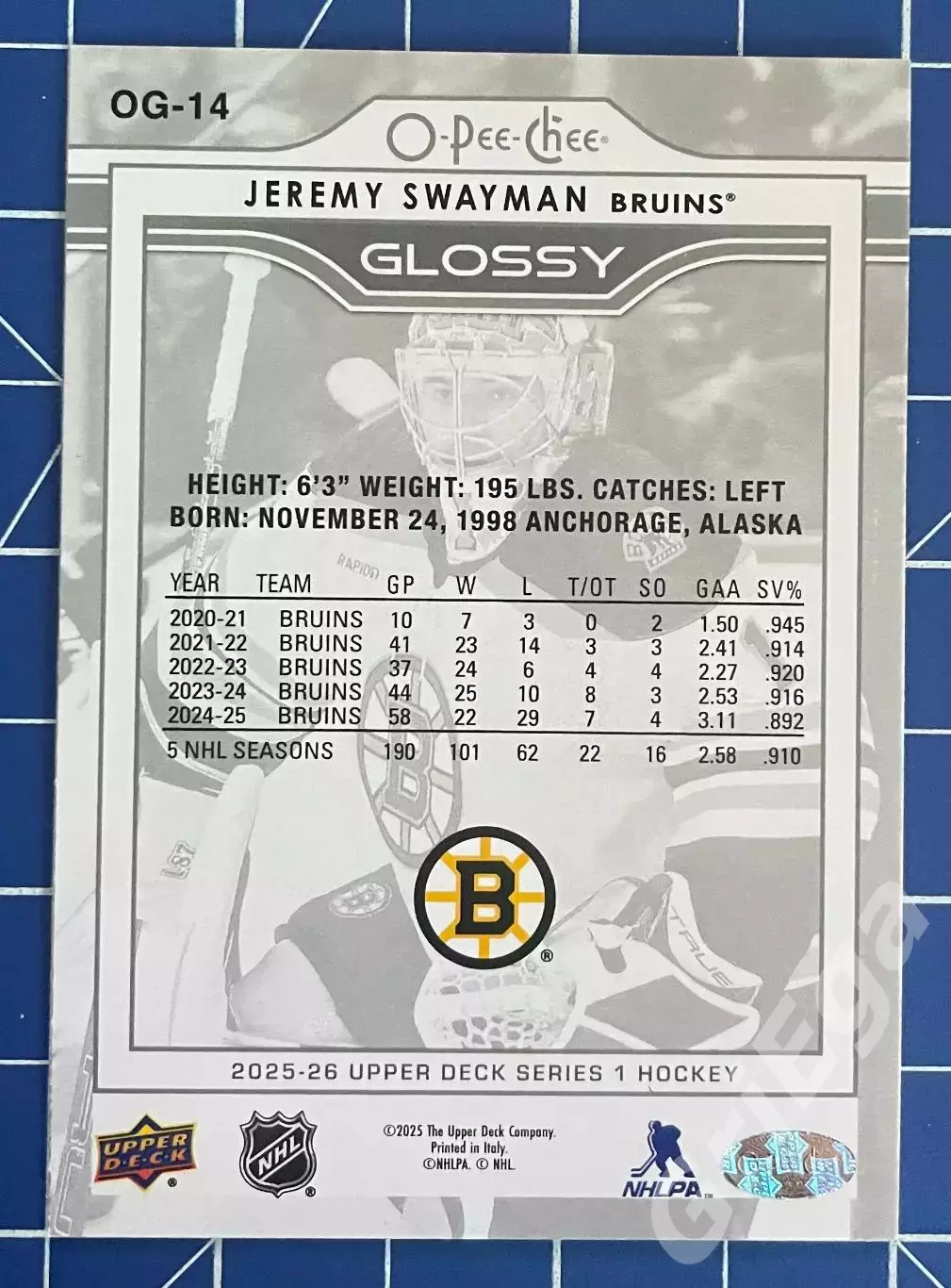 Хоккей карточка Jeremy Swayman/Джереми Свэйман (Boston Bruins/Бостон Брюинз) 1