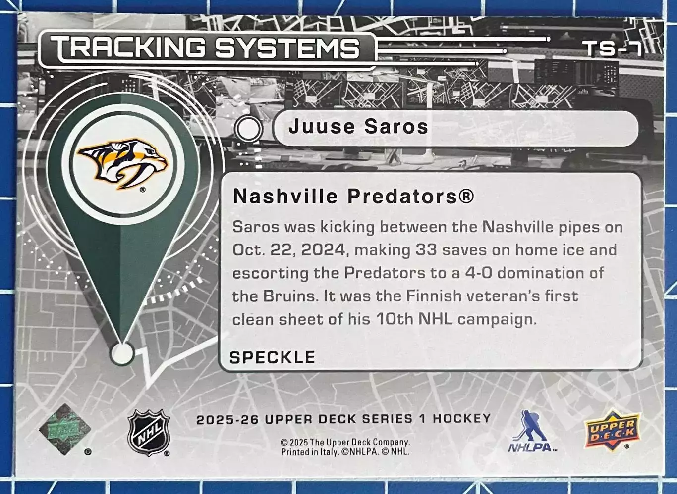 Хоккей карточка Juuse Saros/Юусе Сарос (Nashville Predators/Нэшвилл Предаторз) 1