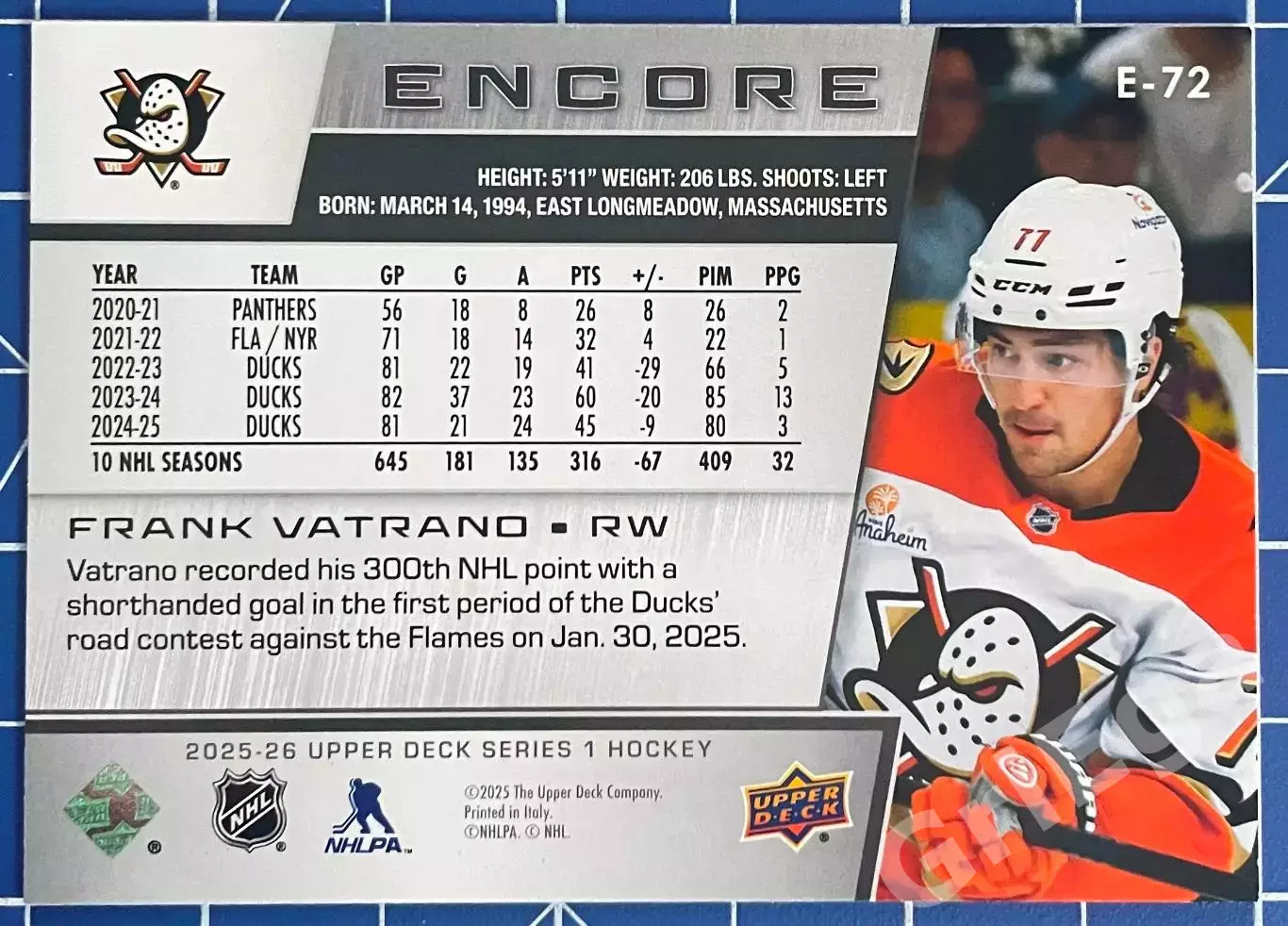 Хоккей карточка Frank Vatrano/Фрэнк Ватрано (Anaheim Ducks/Анахайм Дакс) 1