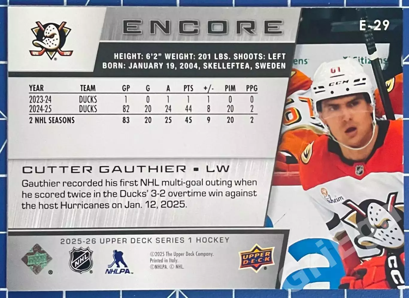 Хоккей карточка Cutter Gauthier/Каттер Готье (Anaheim Ducks/Анахайм Дакс) 1
