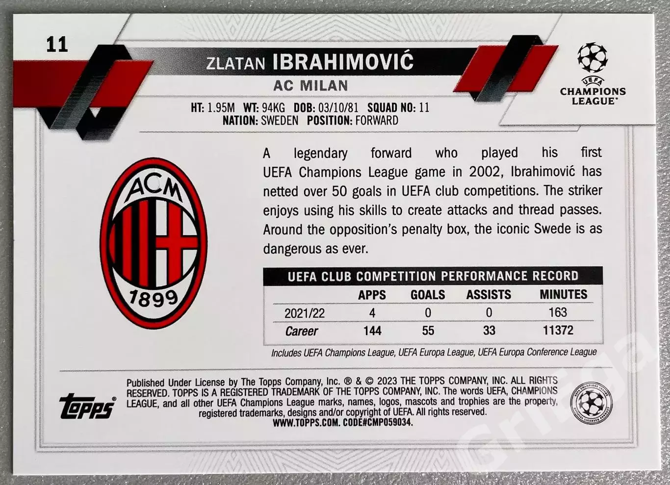 Футбол карточка Zlatan Ibrahimovic/Златан Ибрагимович (Milan/Милан) 1
