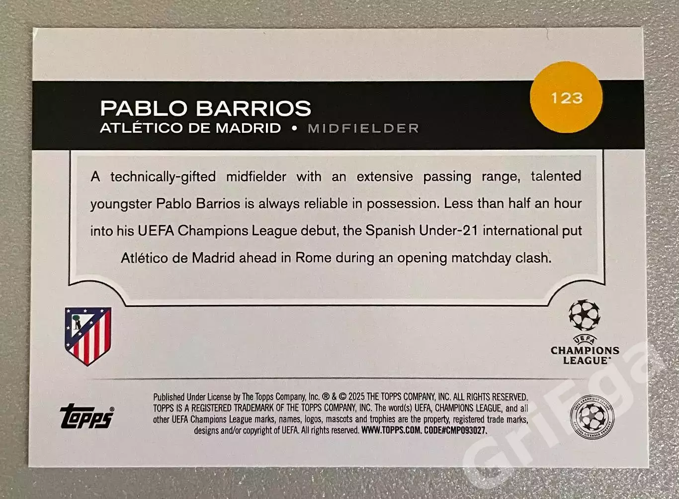 Футбол карточка Pablo Barrios/Пабло Барриос (Atletico Madrid/Атлетико Мадрид) 1