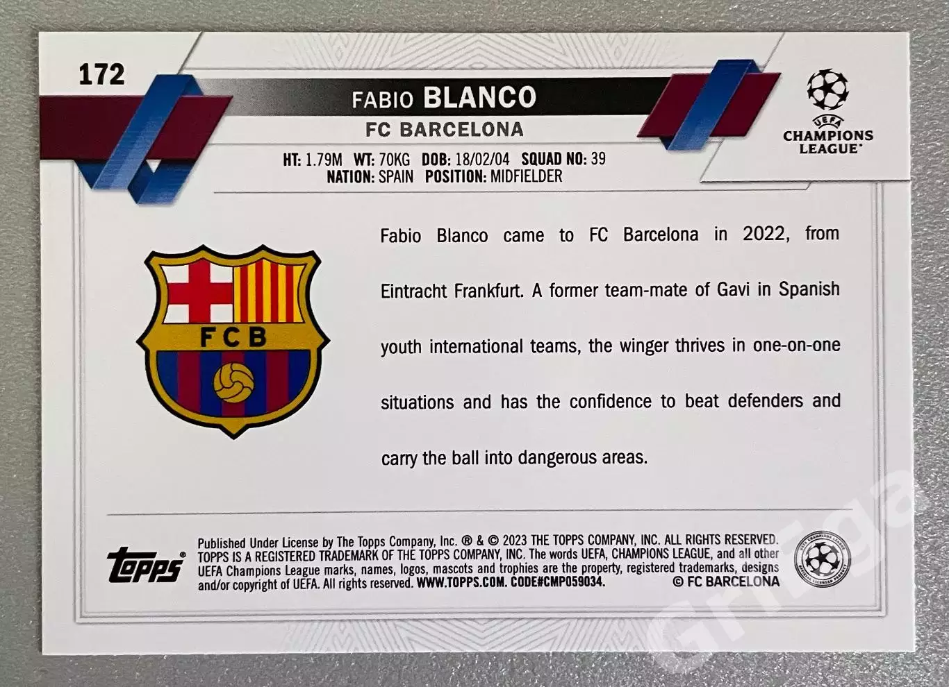 Футбол карточка Fabio Blanco/Фабио Бланко (Barcelona/Барселона) TOPPS 2022-23 1