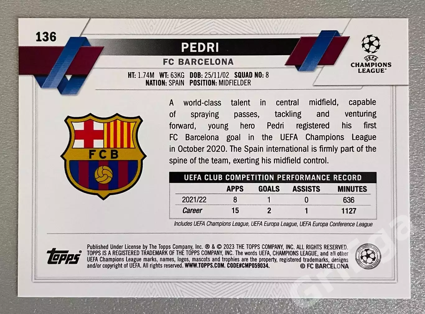 Футбол карточка Pedri/Педри (Barcelona/Барселона) TOPPS 2022-23 1