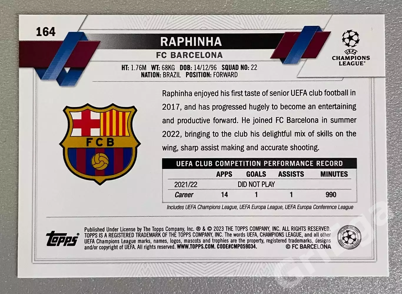 Футбол карточка Raphinha/Рафинья (Barcelona/Барселона) TOPPS 2022-23 1