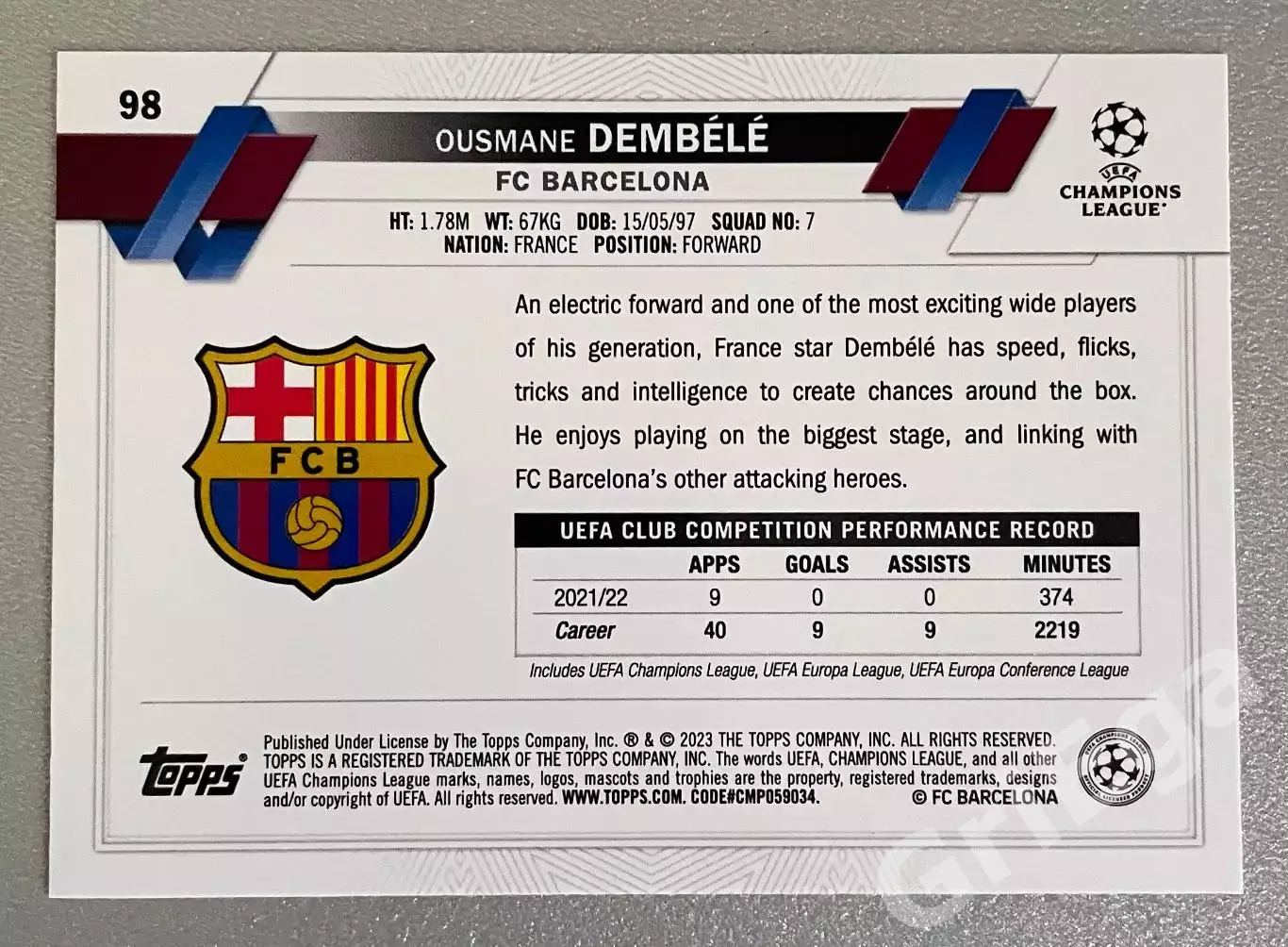 Карточка Ousmane Dembele/Усман Дембеле (Barcelona/Барселона) TOPPS 2022-23 1